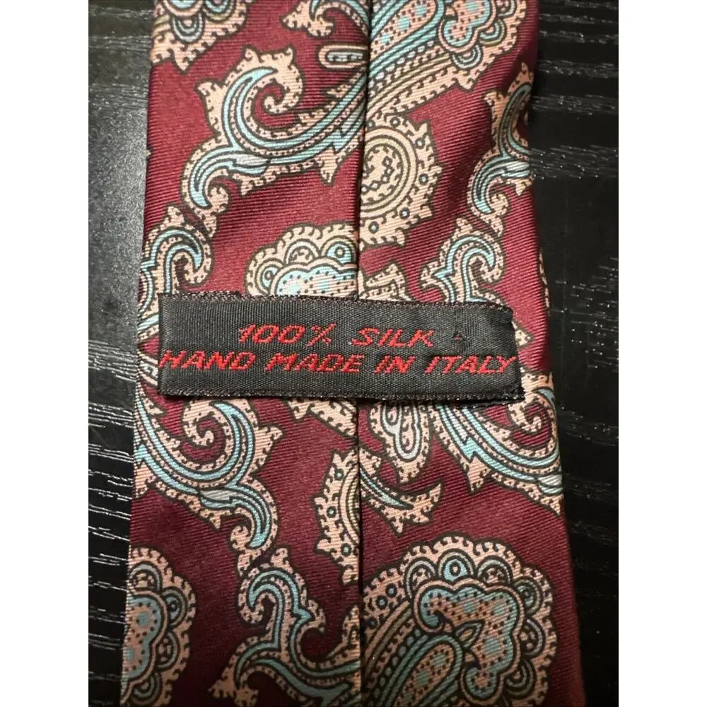 CUSTOM MADE IN ITALY 100% SILK TIE MAROON, TEAL, AND GOLD